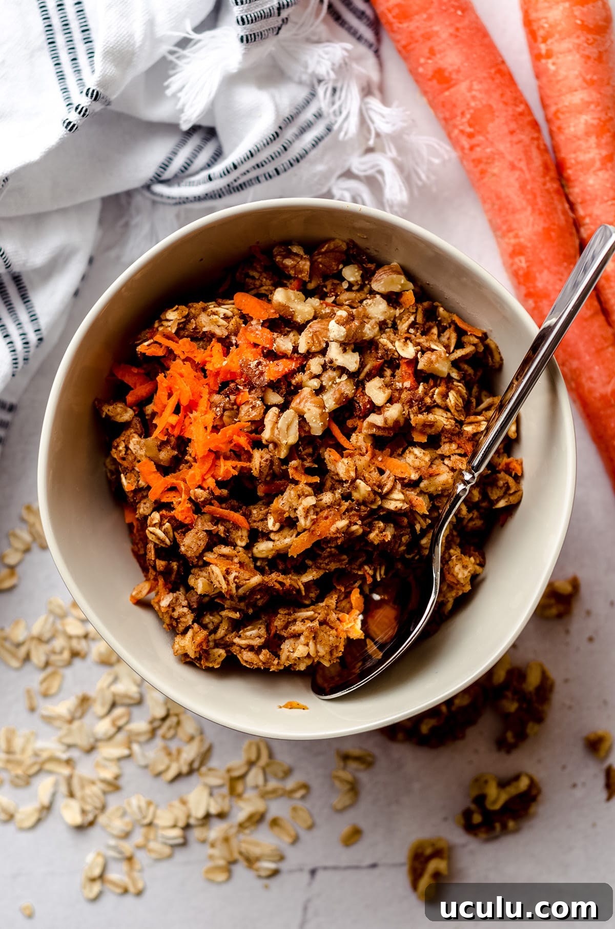 aerial photo of a bowl of carrot cake baked oatmeal