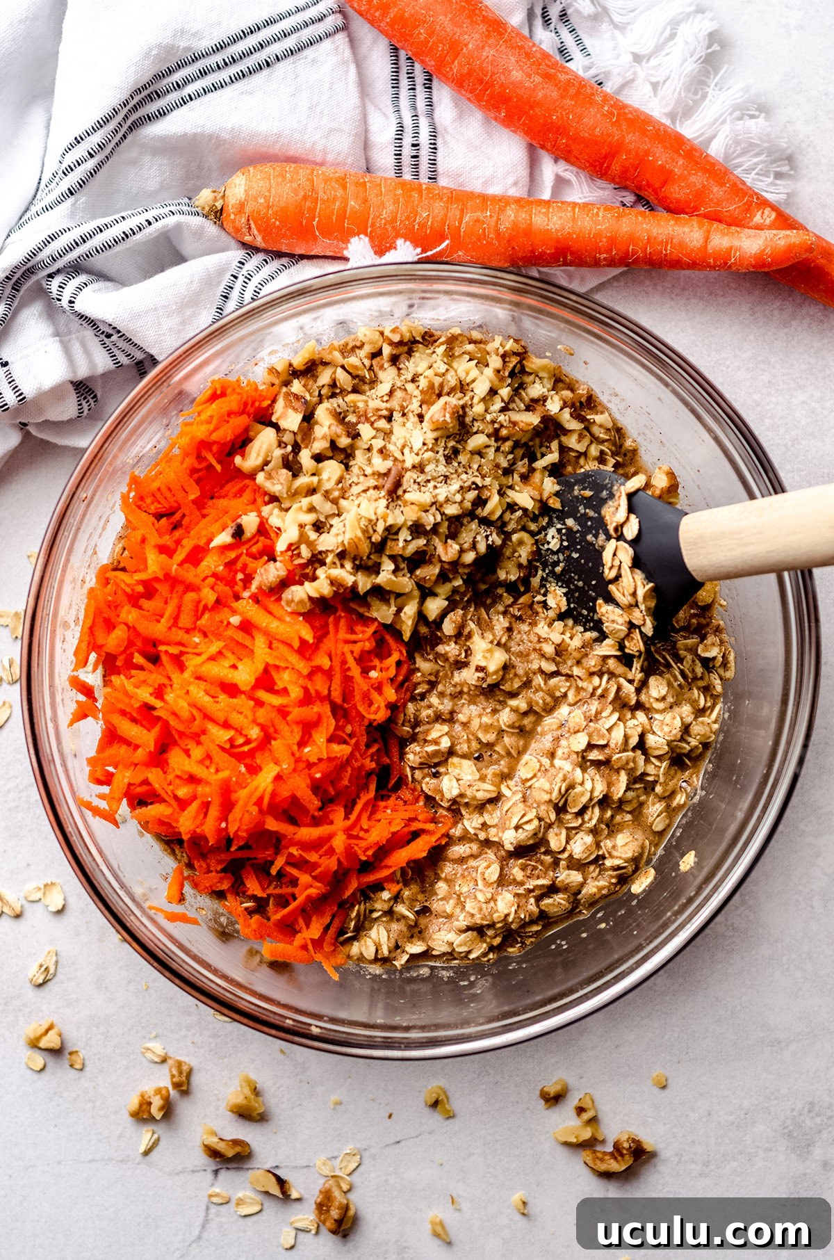 aerial photo of mixture for carrot cake baked oatmeal
