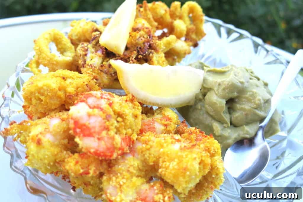 crispy baked calamari & prawns with avocado salsa