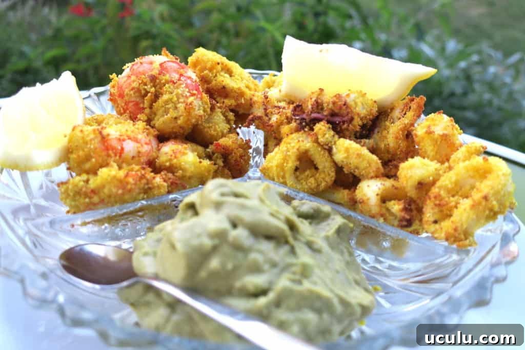 crispy baked calamari & prawns with avocado salsa