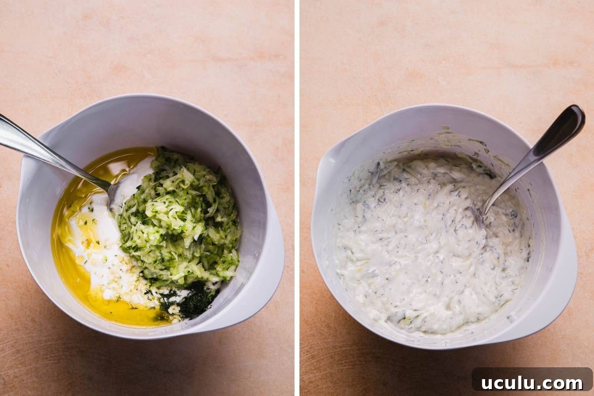 ingredients in a mixing bowl. tzatziki prepared in a mixing bowl.