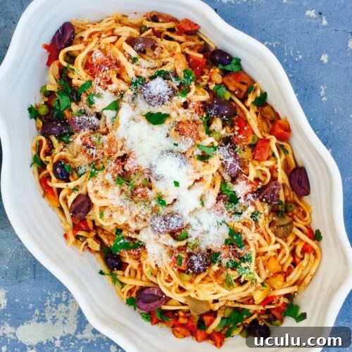 Chunky Beef Frankfurters, vegetables and kalamata olives linguini