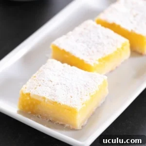 3 bright yellow gluten free lemon bars with powdered sugar on top on a rectangular white platter