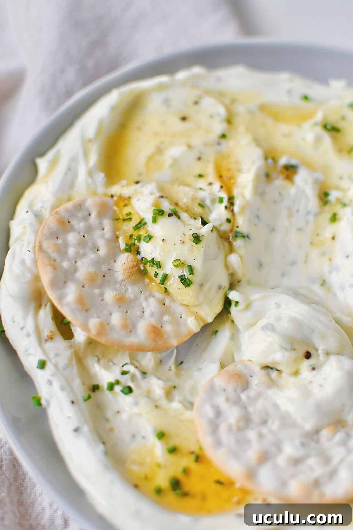 Whipped Goat Cheese spread on a plate and topped with lavender honey, chives, and sea salt. Cracker being dipped in.