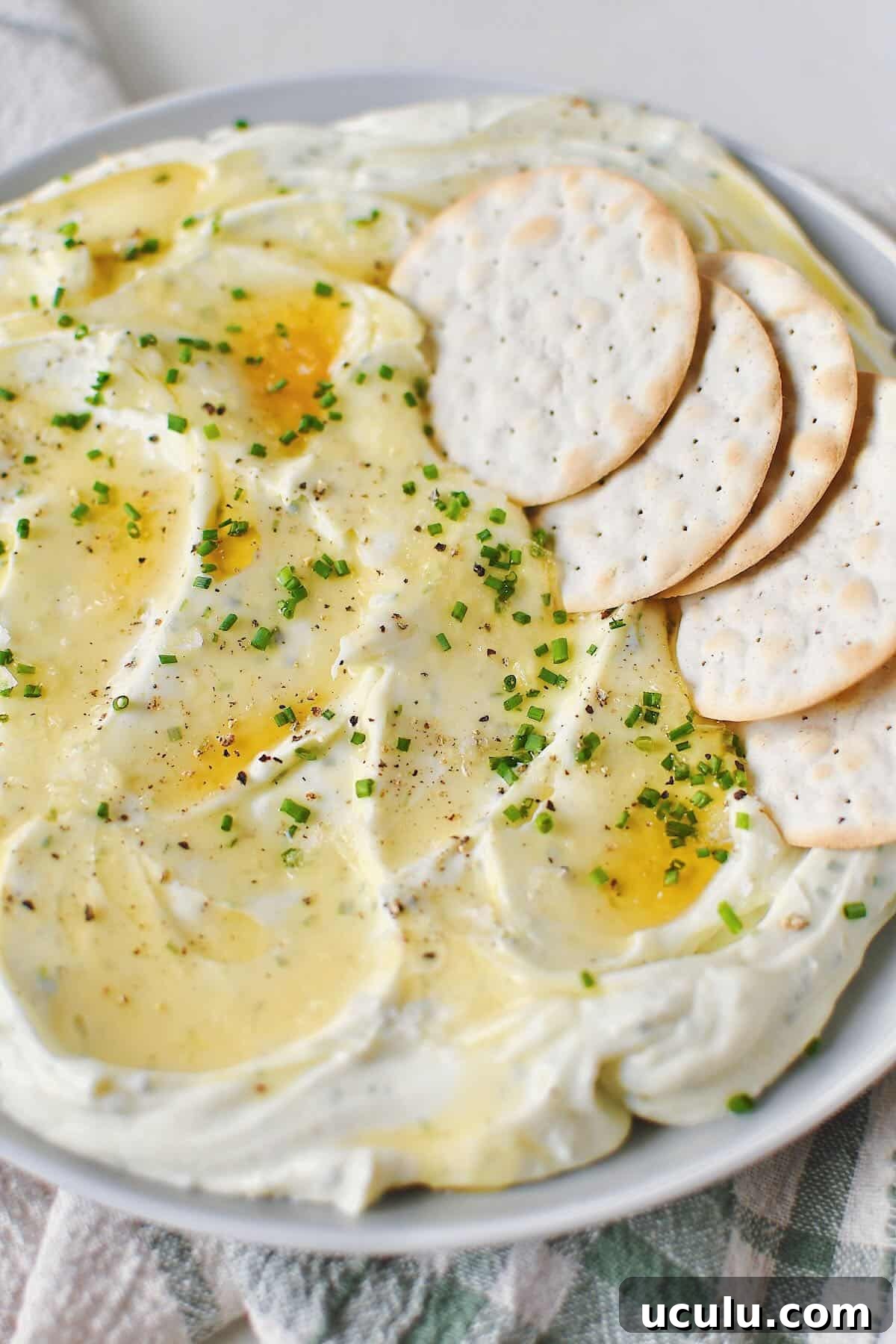 Whipped Goat Cheese spread on a plate and topped with lavender honey, chives, and sea salt. Crackers laid on top for dipping.