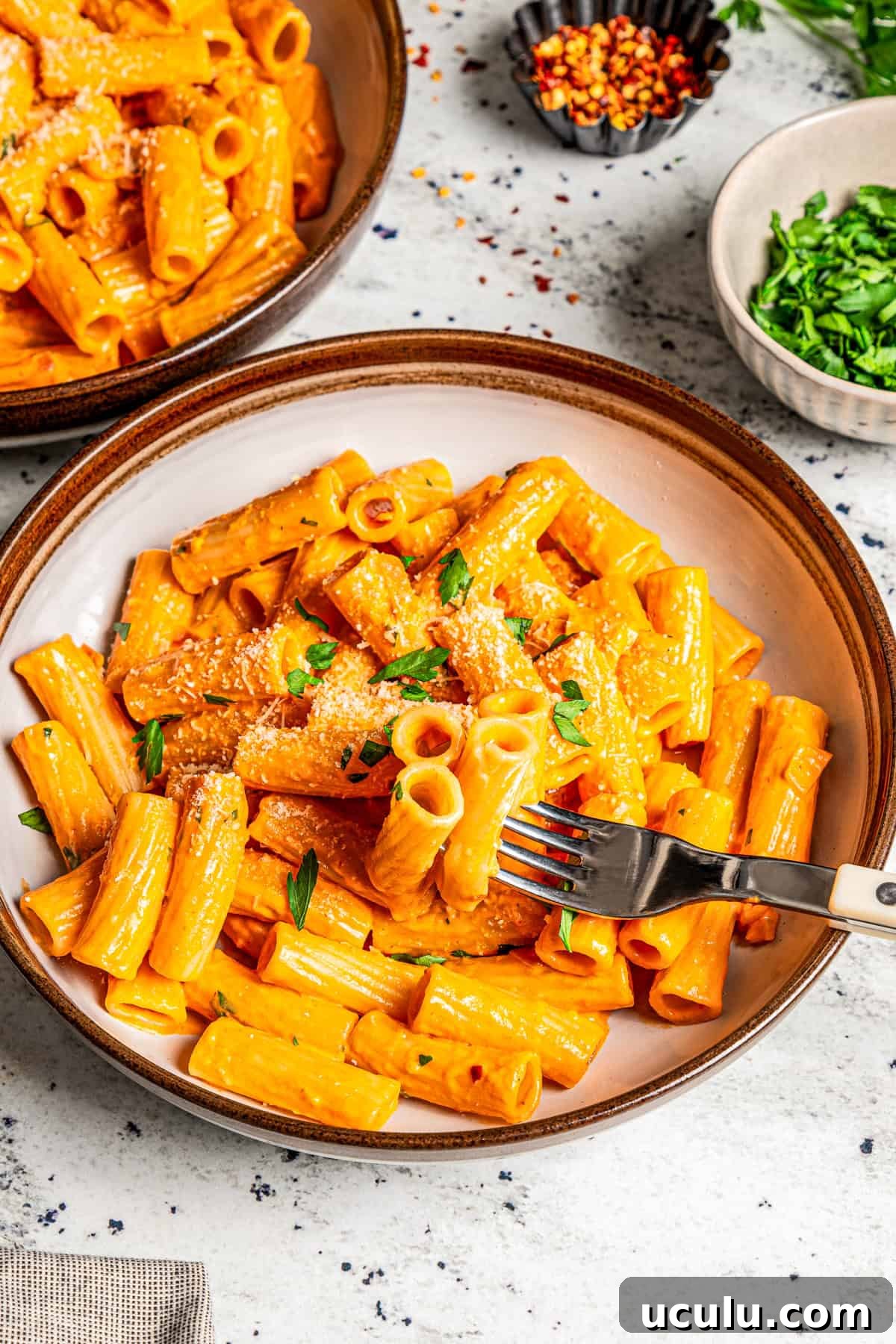 Rigatoni pasta served in a bowl with a fork.