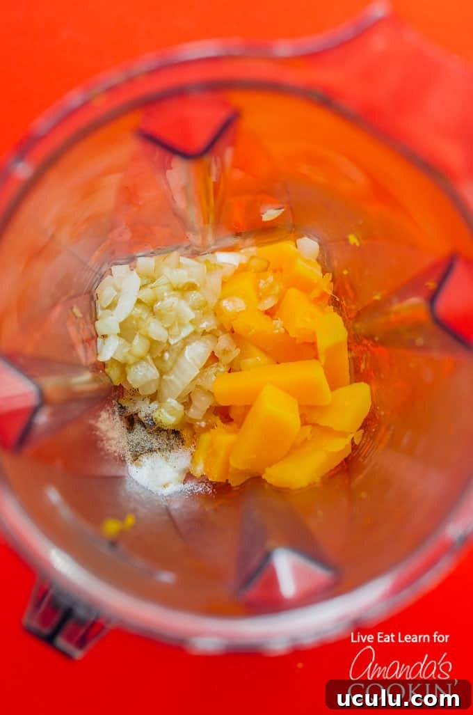 Ingredients for Butternut Squash Mac and Cheese in blender