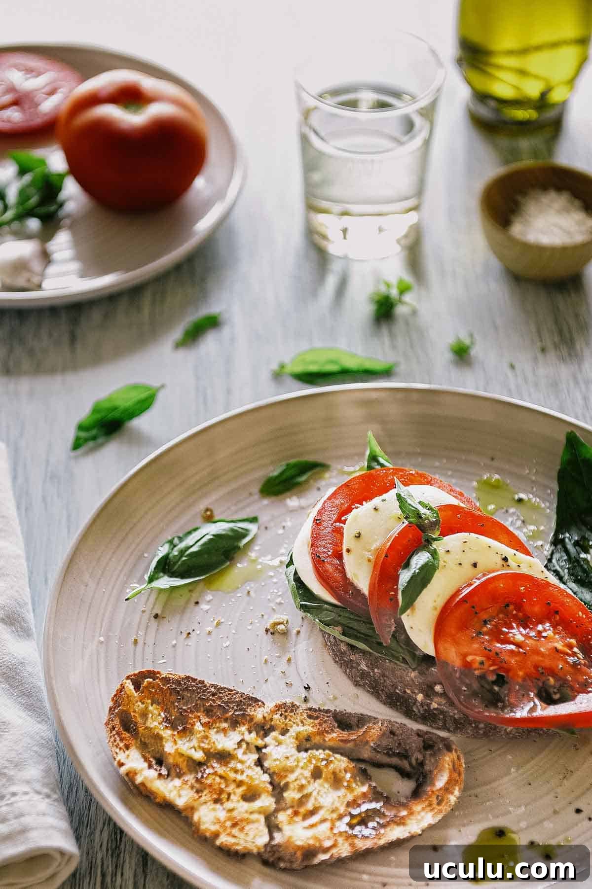 plated caprese bruschetta ready to serve.