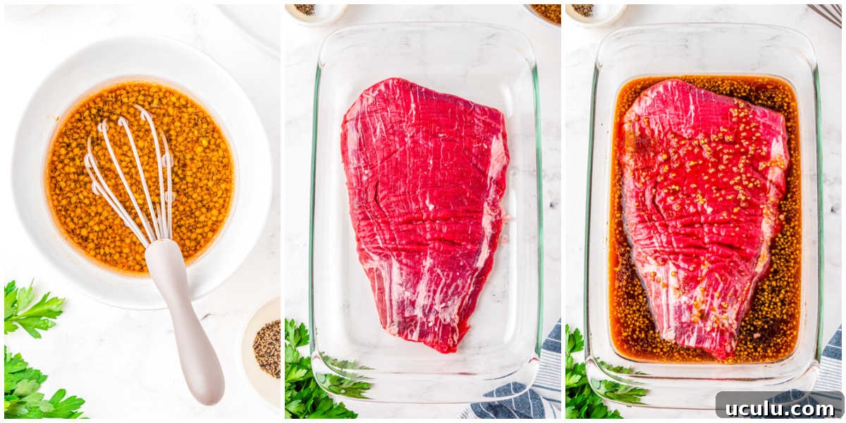 The marinade in a bowl and then poured over a flank steak.