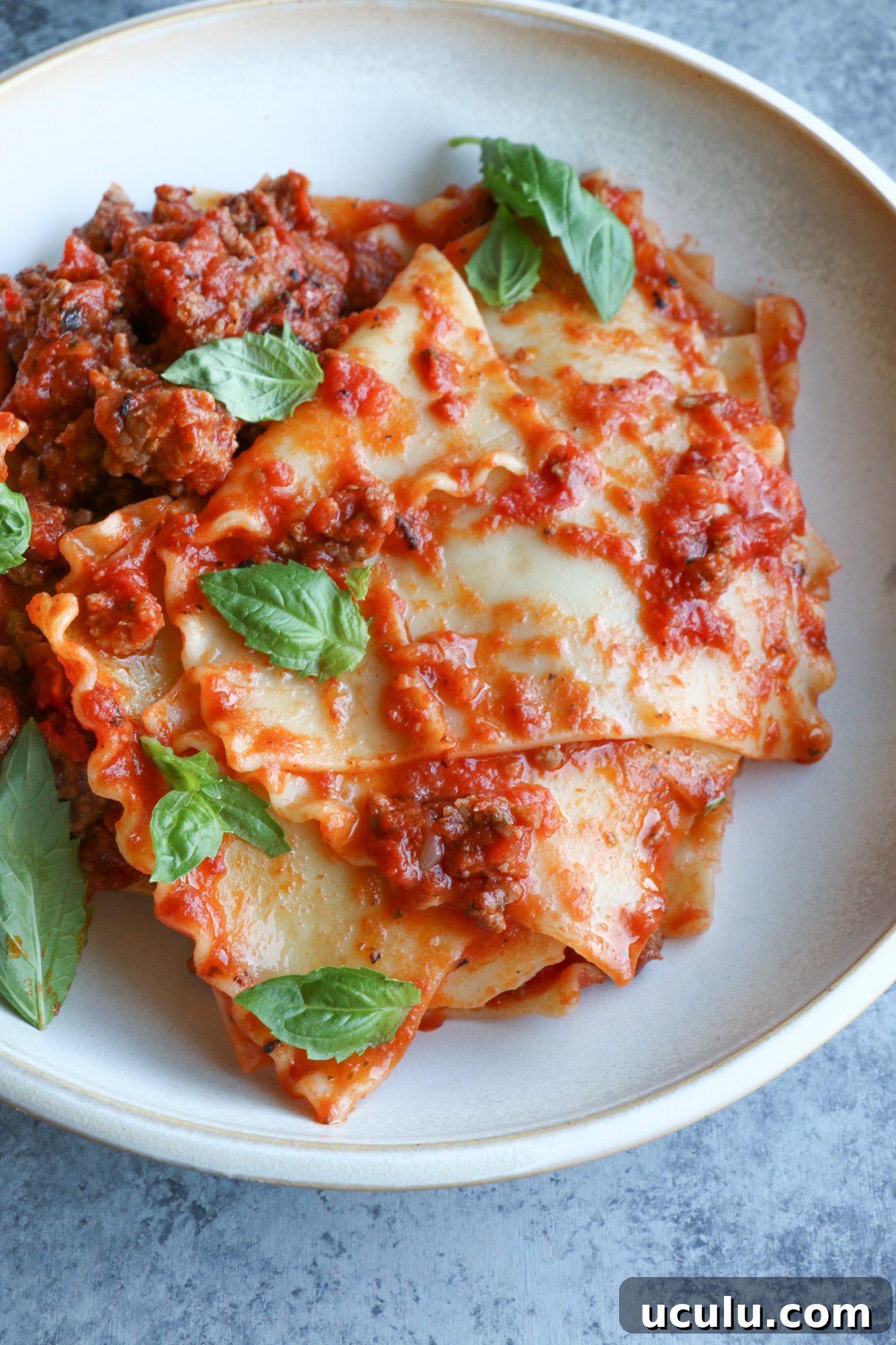 Broken lasagna pasta served