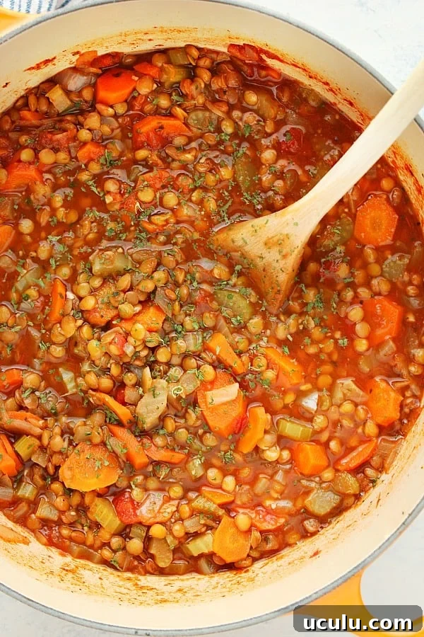 Lentil Soup in a soup pot with wooden spoon.