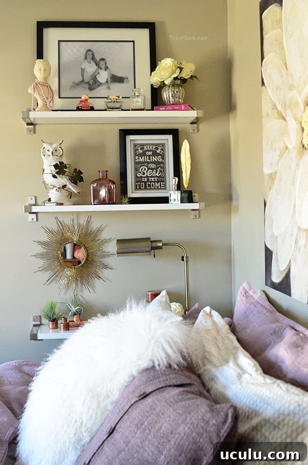 Amethyst & Grey Guest Room with Ikea Ekby Shelves at TidyMom.net