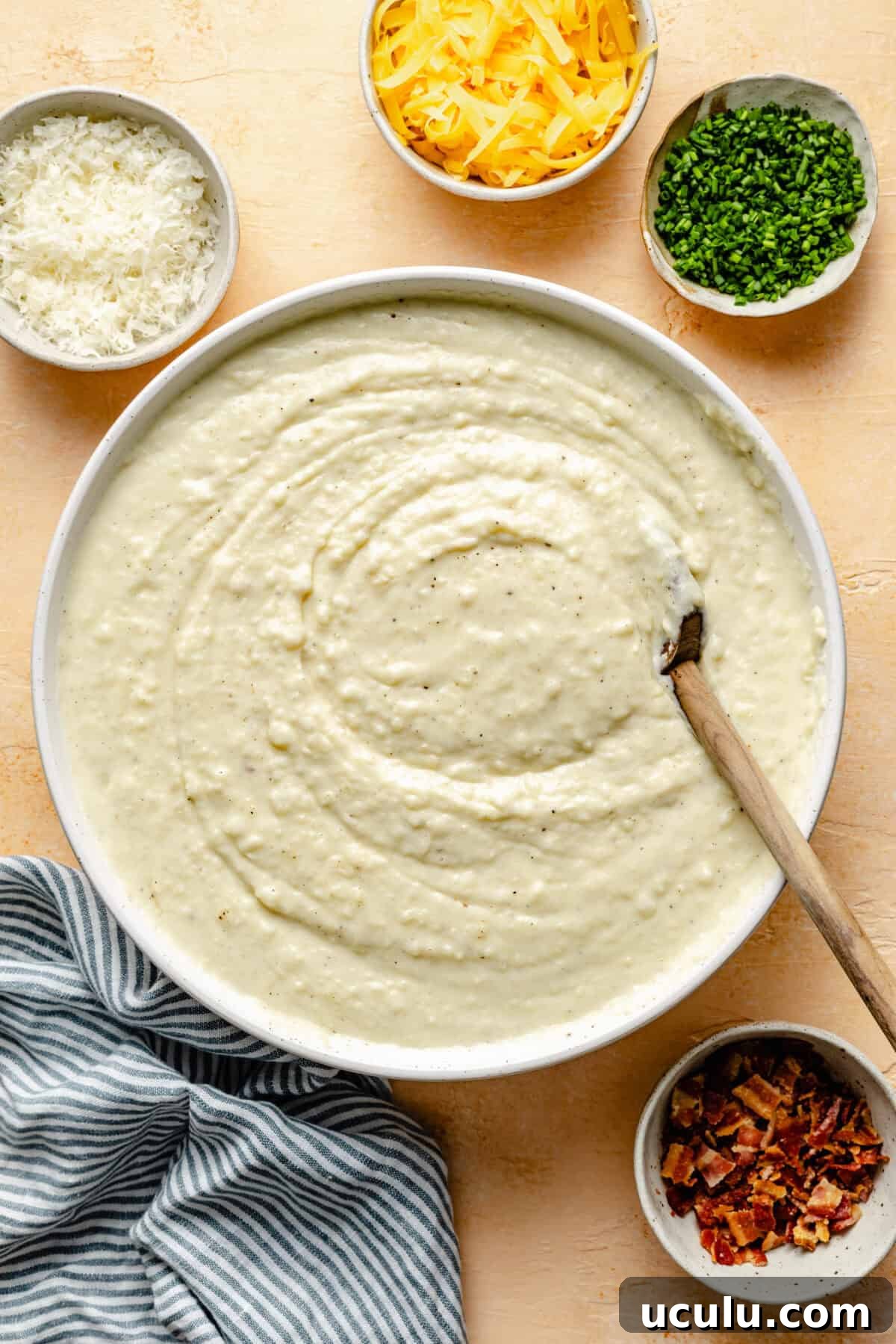Mashed potatoes in large bowl.