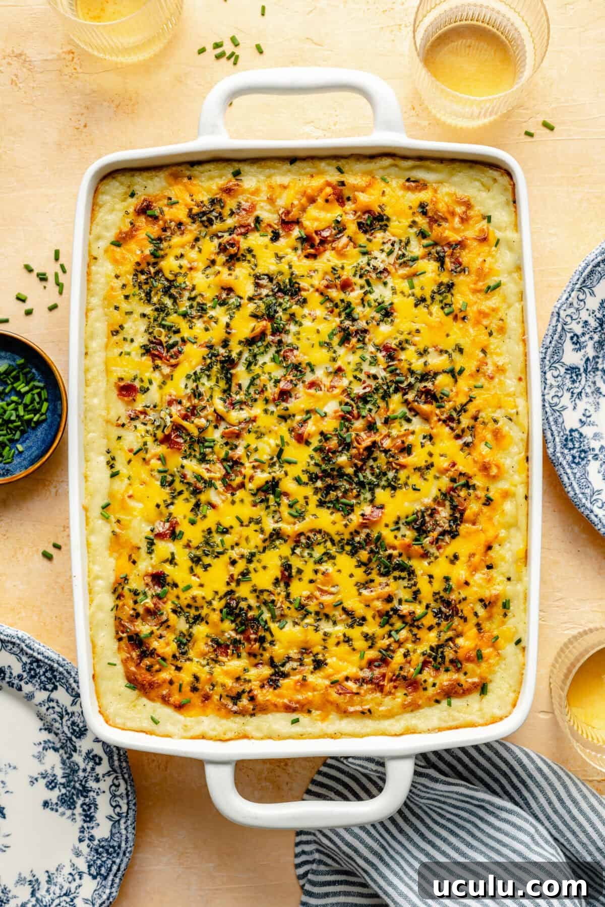 GoGo’s Party Potatoes baked in baking dish.