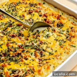 GoGo’s Party Potatoes in white baking dish.