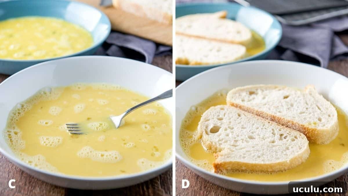 Left - egg mixture in the bowls. Right - sliced bread in the egg bowls