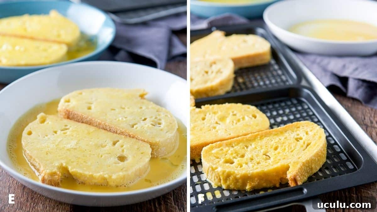 Left - bread flipped in the egg mixture so all slices are soaked. Right - the egged bread on the air fryer trays