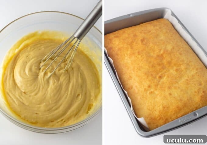 Side by side photos of zebra cake batter and the baked cake before frosting