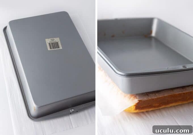 Side by side photos showing the cake pan flipped, and then set on top of cake to flatten it
