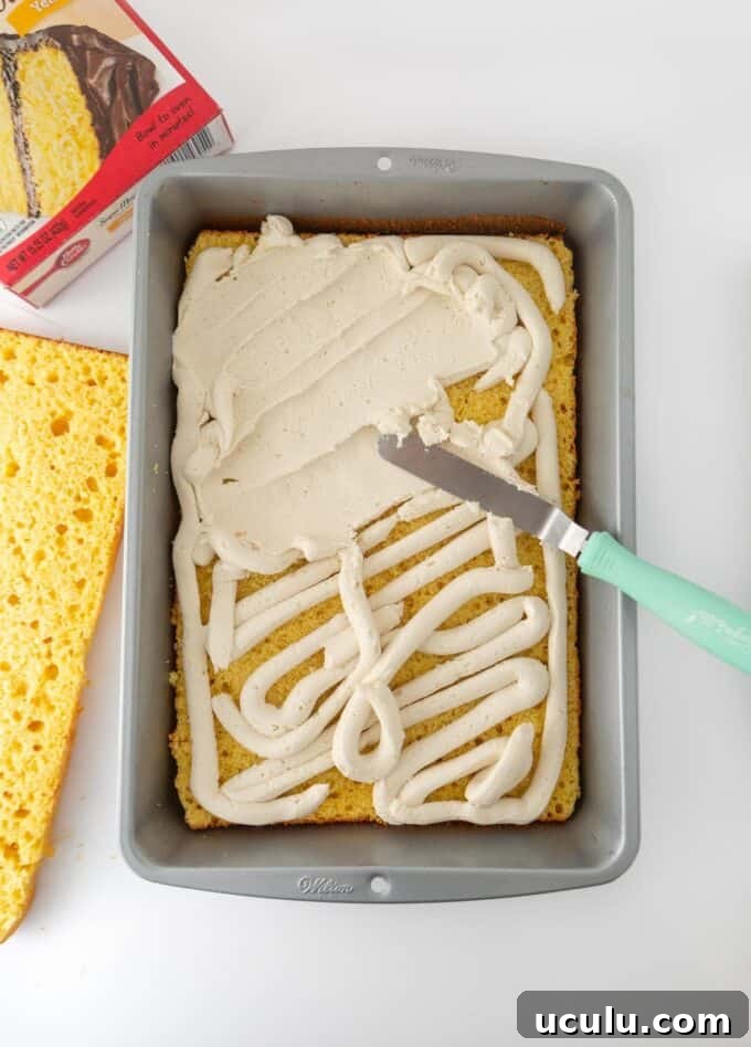 Overhead view of frosting being spread onto bottom half of zebra cake