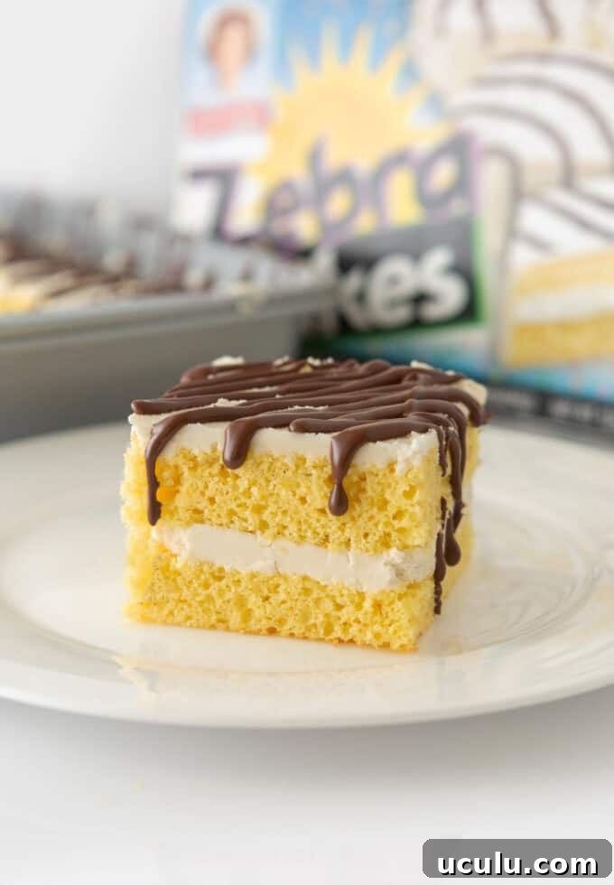 Square of homemade zebra cake on plate with box of Little Debbie zebra cakes in background