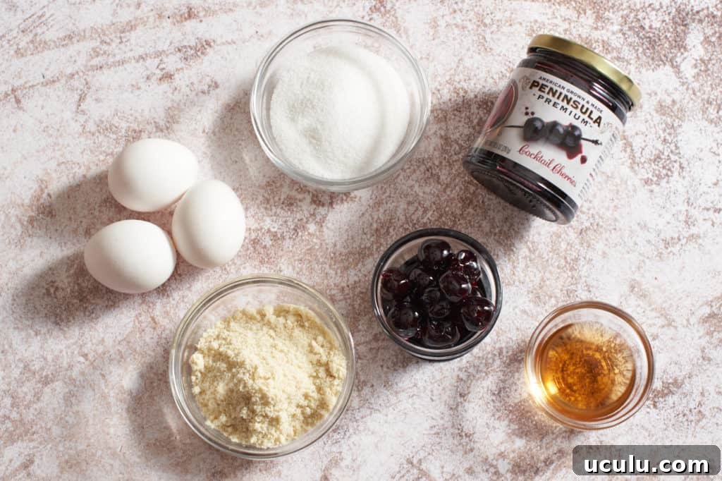 Eggs, sugar, almond flour, cocktail cherries and amaretto.
