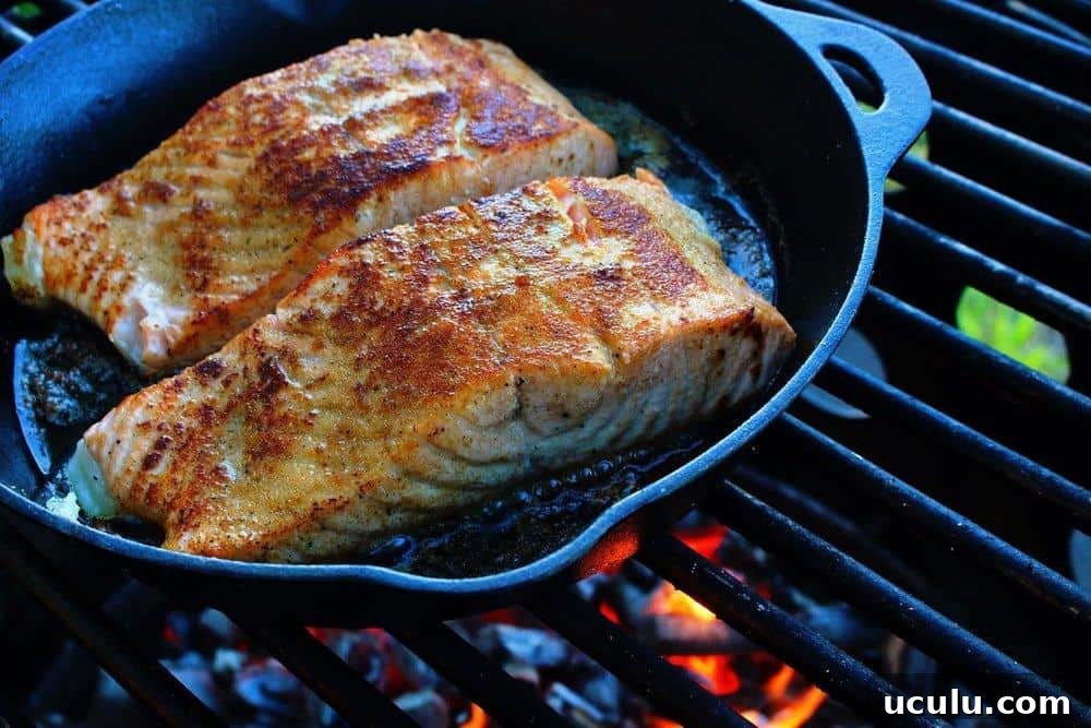 The salmon fillets in the Cast Iron Salmon Recipe are cooked and ready for the final touches. 