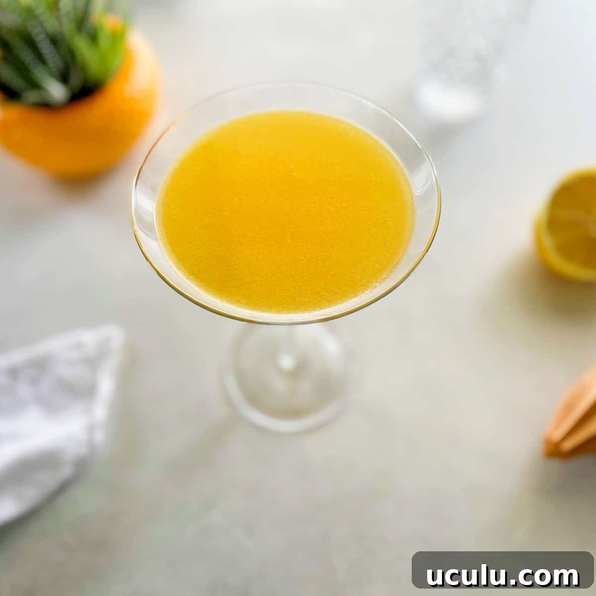 top view of a passion fruit martini.