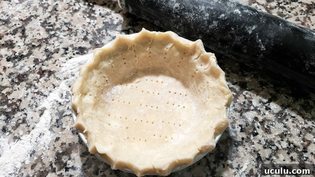 small batch pie crust dough with pinched edge in a pan.