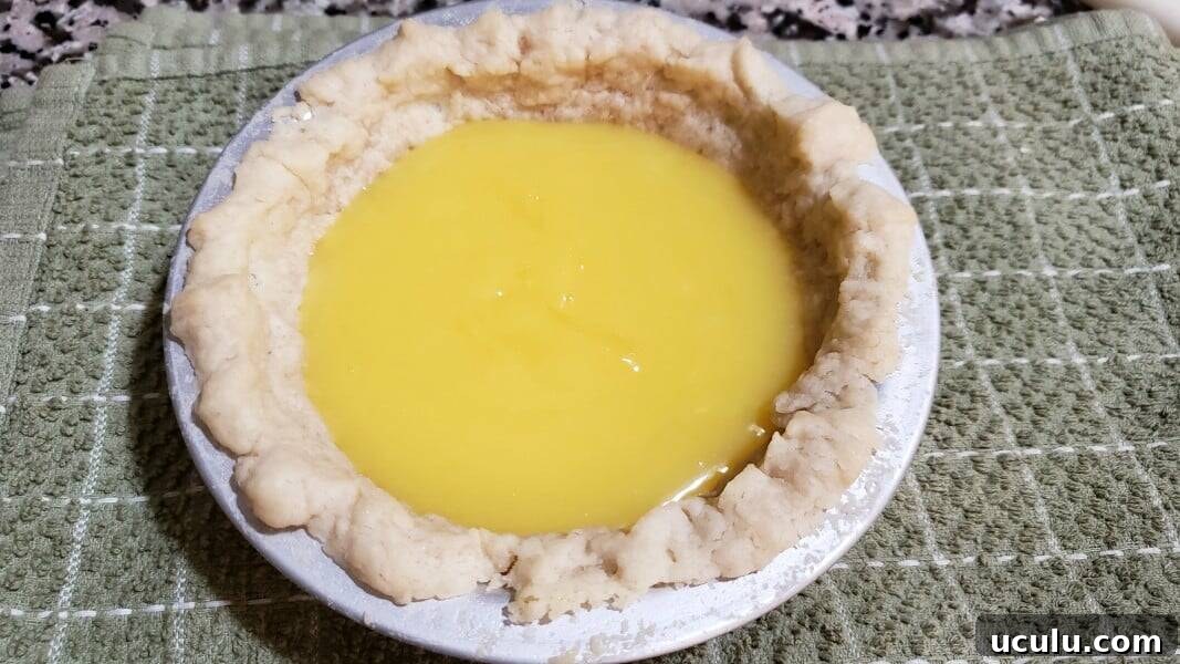 homemade lemon pie filling in baked pie crust.