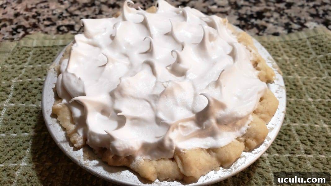 unbaked lemon meringue pie with meringue peaks.