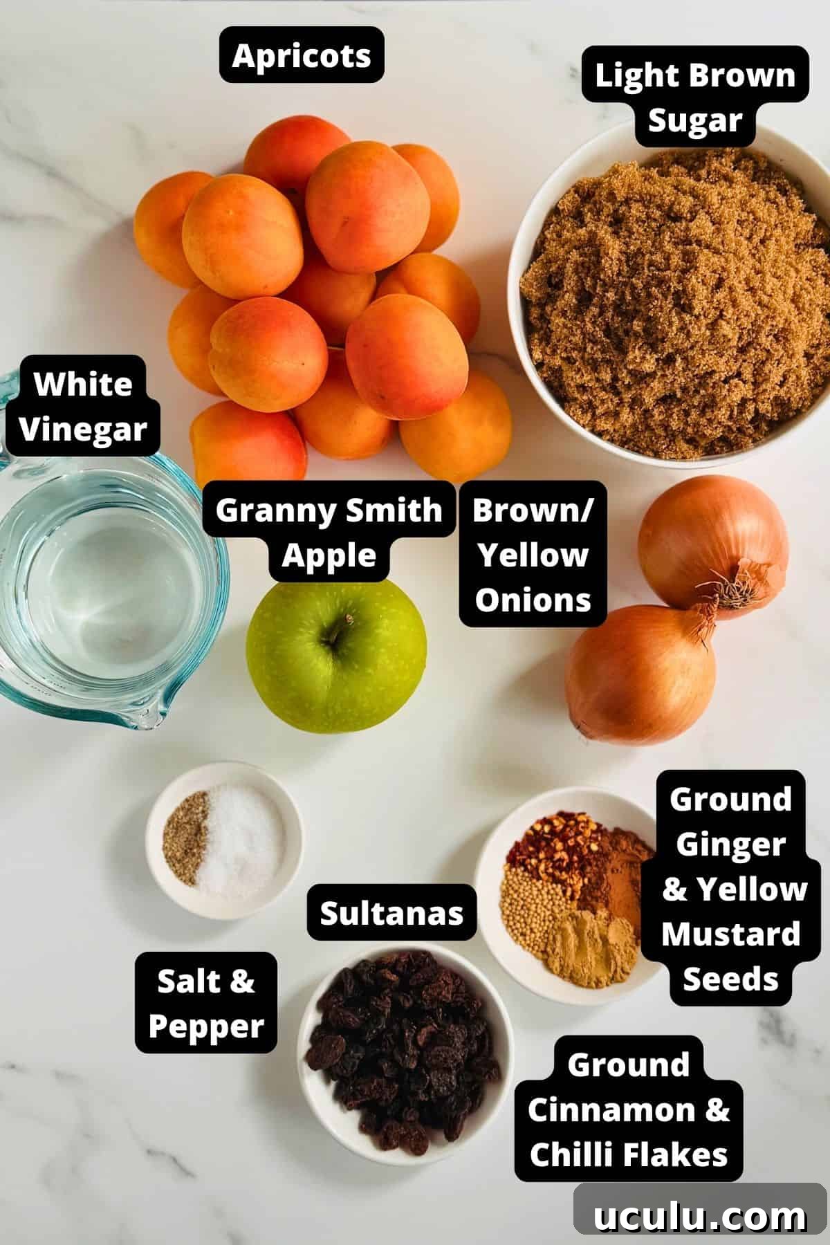 Ingredients in this recipe on a white marble background.