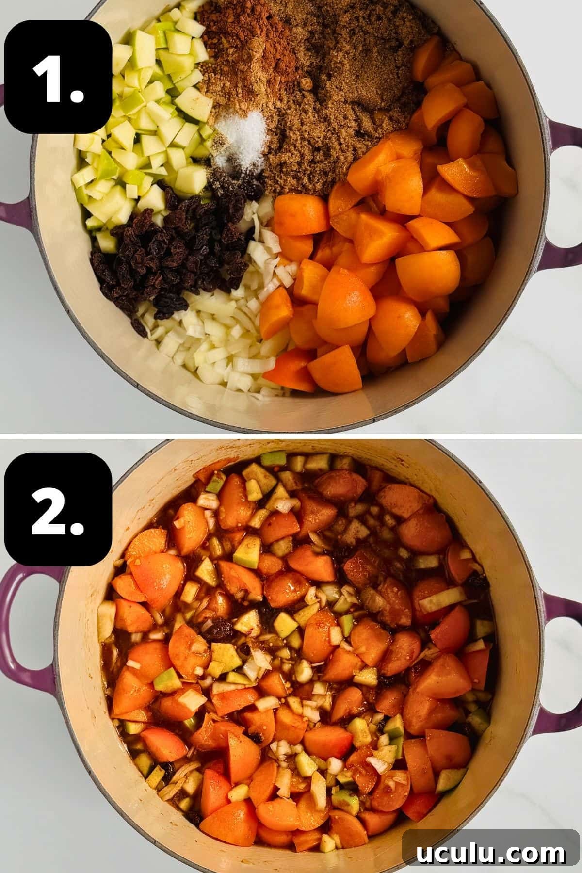 Steps 1-2 of preparing this recipe: the ingredients in a large pot and the mixture combined, ready to simmer.