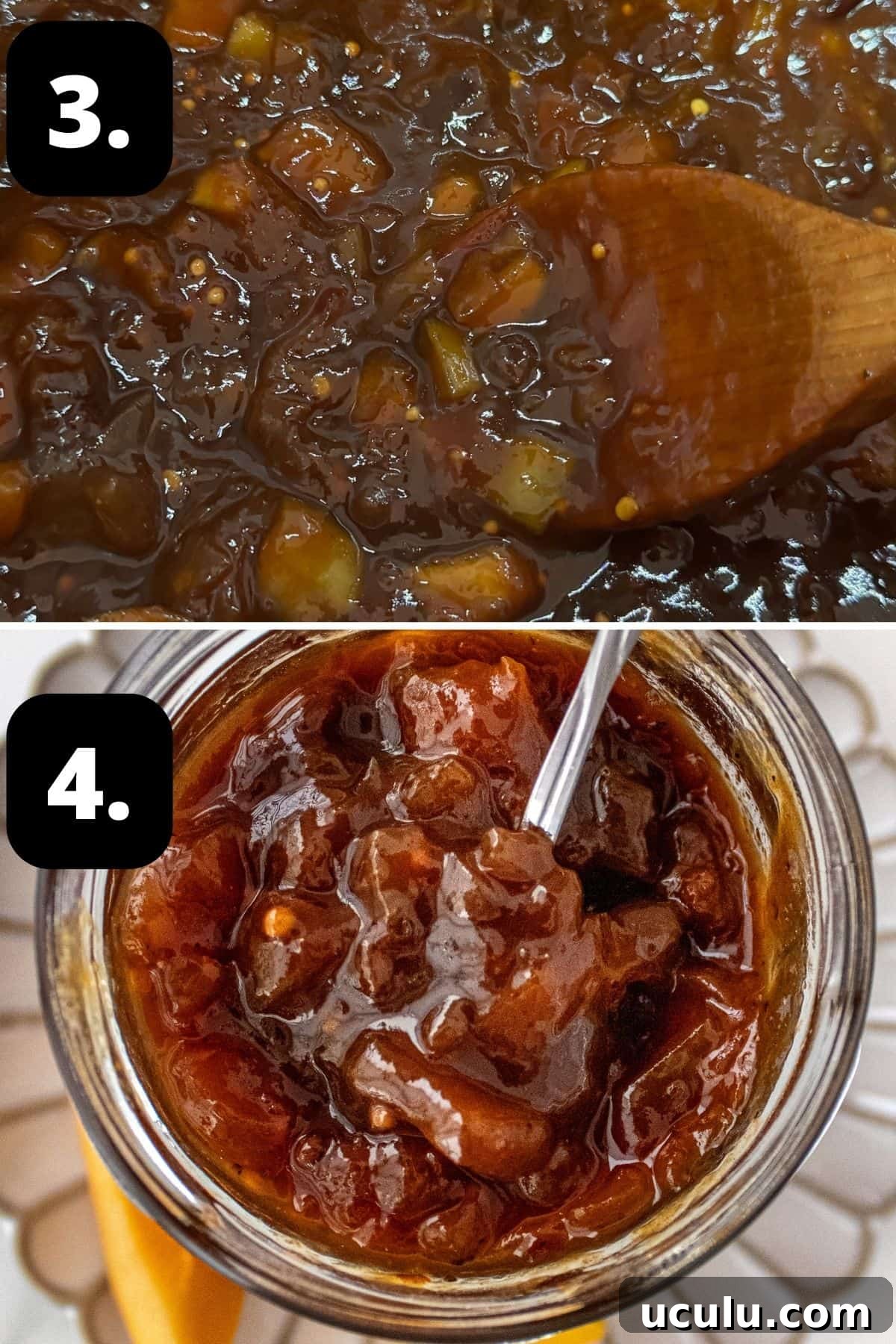 Steps 3-4 of preparing this recipe: the cooked chutney in the pot and the chutney in a glass jar.