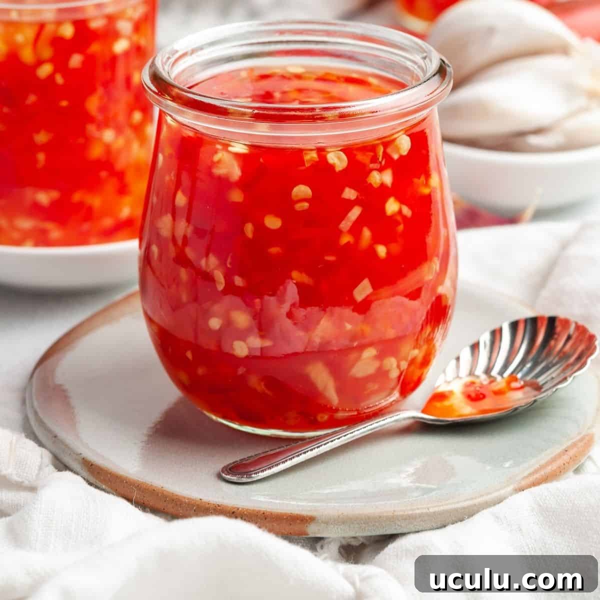 Up close shot of small pot of sauce, sitting on a saucer with a spoon on the side.