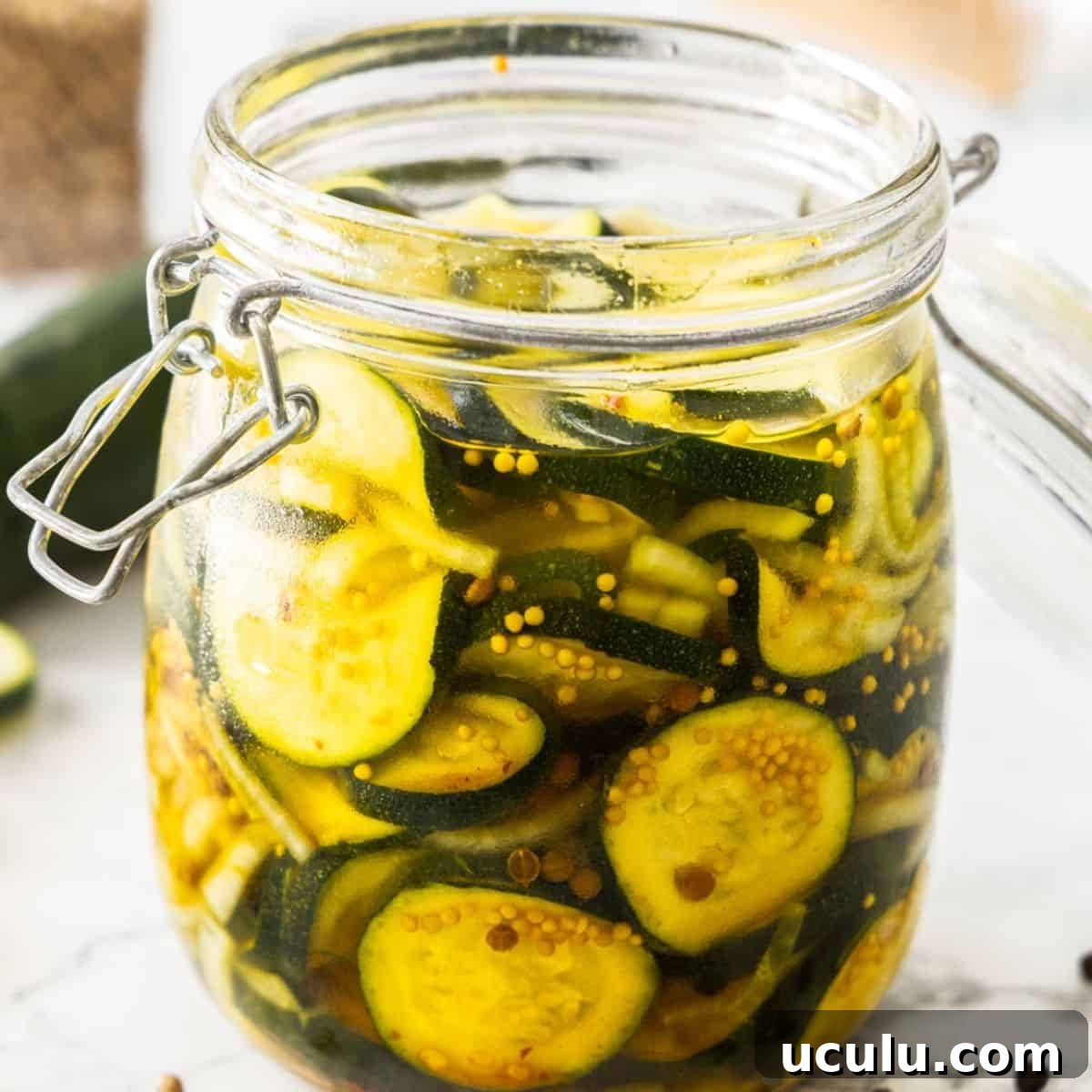 Jar of Pickled Zucchini, with some of the spices and seasonings used around the edge.