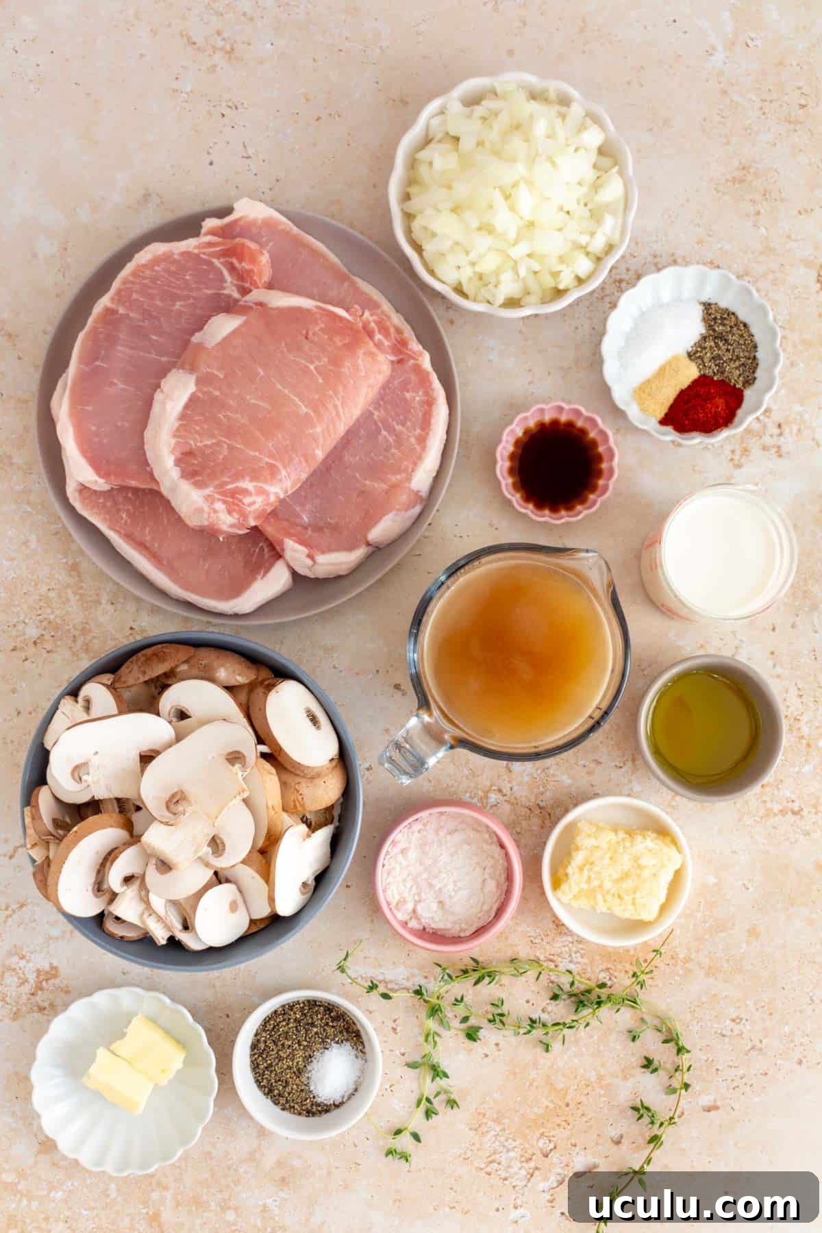 Ingredients needed to make dutch oven pork chops.