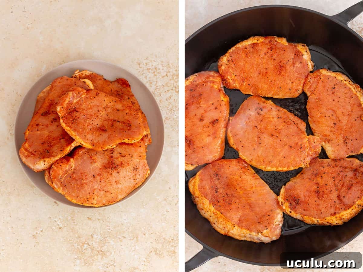 Set of two photos showing pork chops seasoned and added to the shallow dutch oven.
