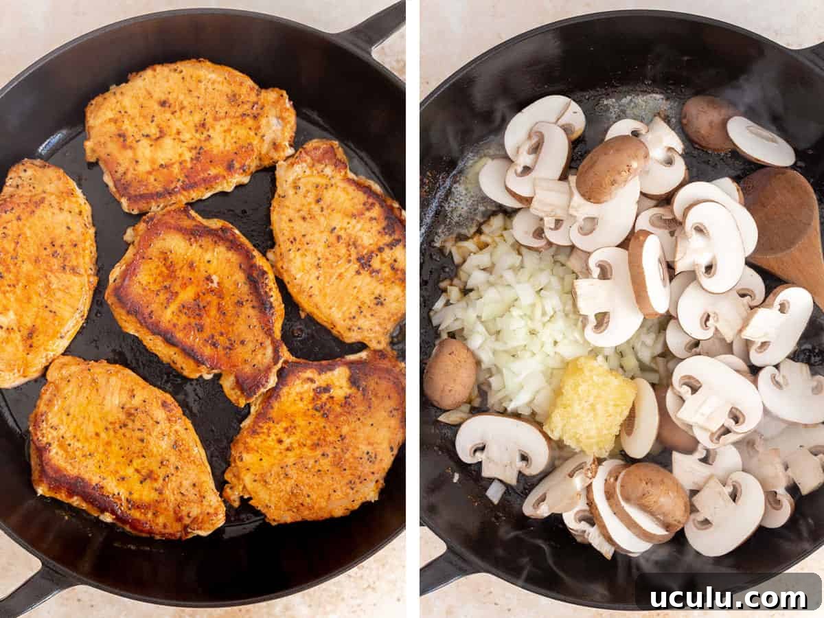 Set of two photos showing pork chops seared and then onions, mushrooms, and garlic added to the skillet.