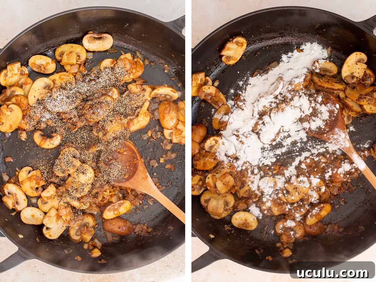 Set of two photos showing pepper and flour added to the skillet over the mushrooms.