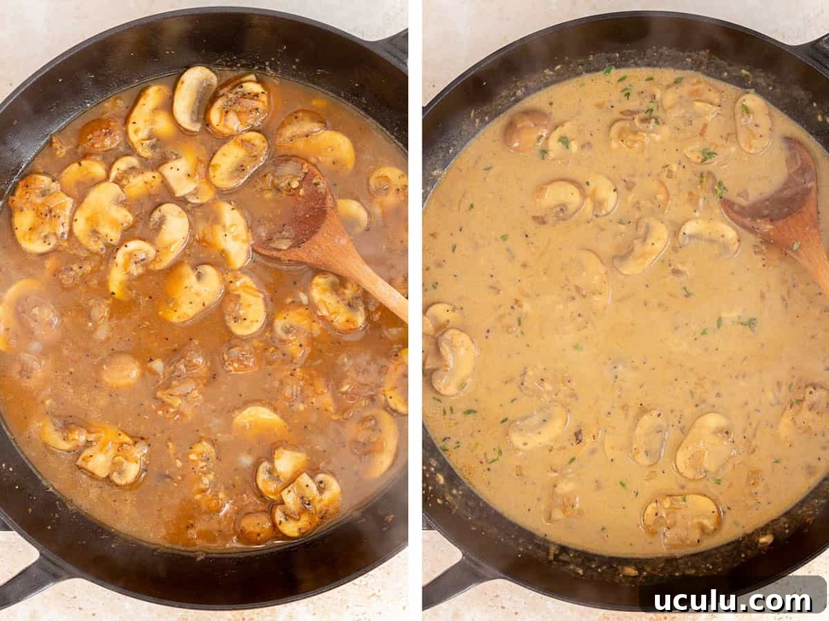 Set of two photos showing broth and cream added to the dutch oven.