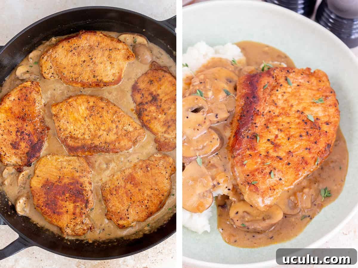 Set of two photos showing pork chops added back to the skillet and plated.