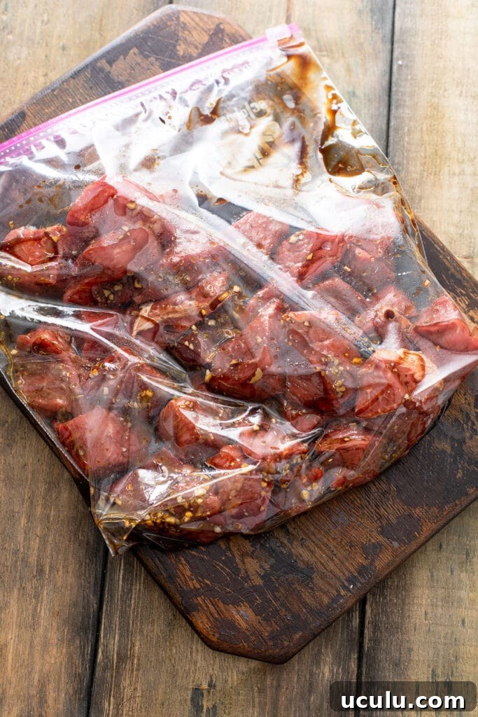marinating steak tips in a ziplock bag 