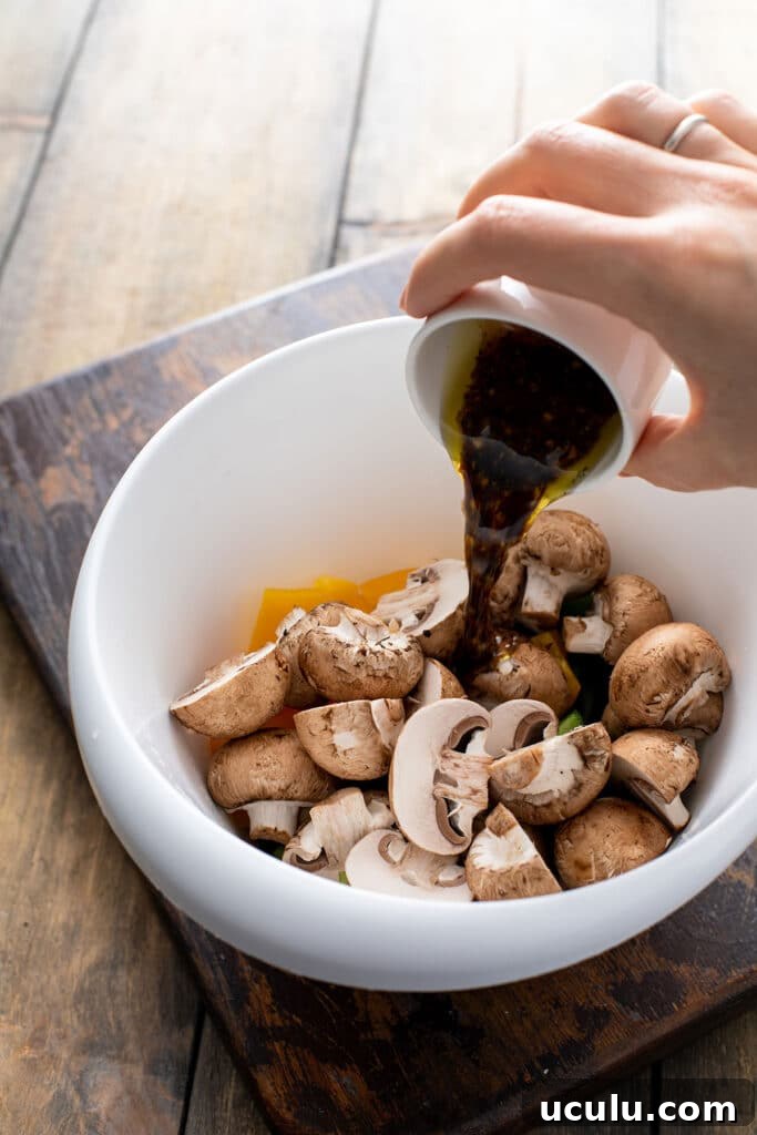 pouring marinade over chopped mushrooms