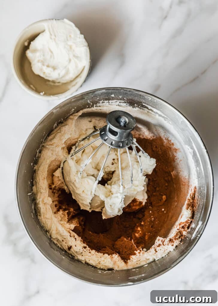 A silver bowl of frosting & cocoa powder.