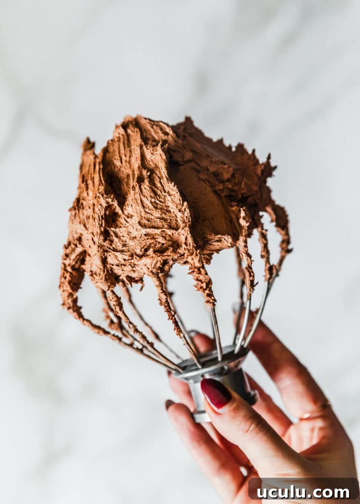 A hand holding a whipping attachment covered in chocolate buttercream.
