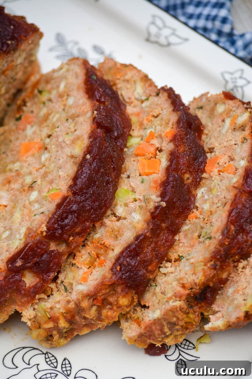slices of Thanksgiving meatloaf arranged on a serving platter