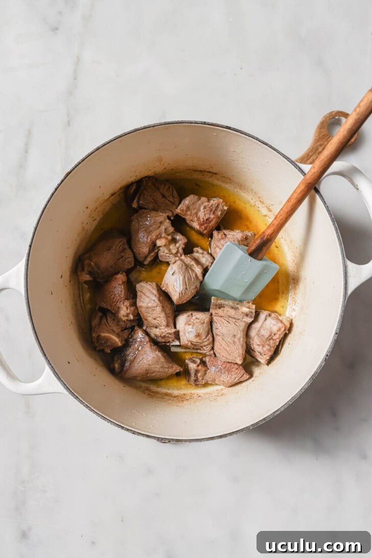Browned mutton in pot to make Mutton Korma.