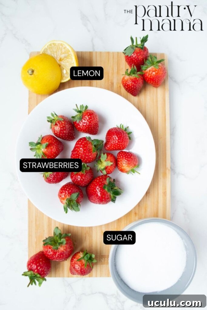 Flat lay of ingredients necessary to create easy strawberry jam with no pectin. There are strawberries, a lemon and a bowl of granulated sugar.