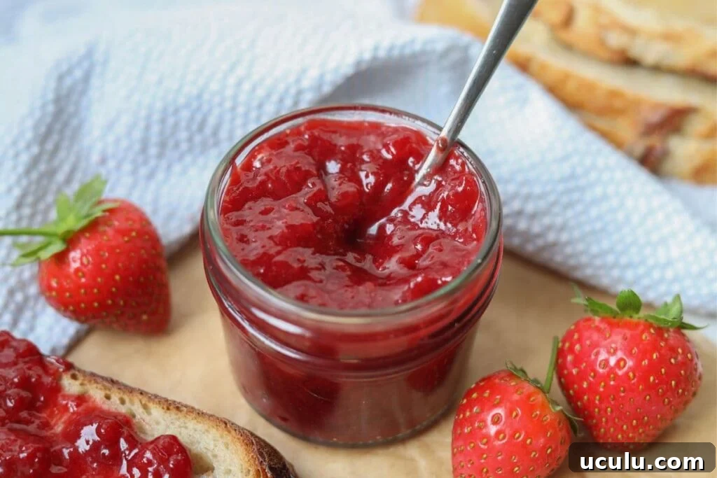 A small jar of strawberry jam with a spoon in it surrounded by fresh strawberries and some slices of sourdough bread.
